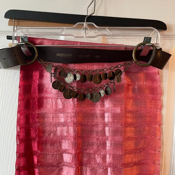 Antoniazzi Brown Leather Belt with Coin Chain Accents Handcrafted in Italy. - Picture 3 of 15